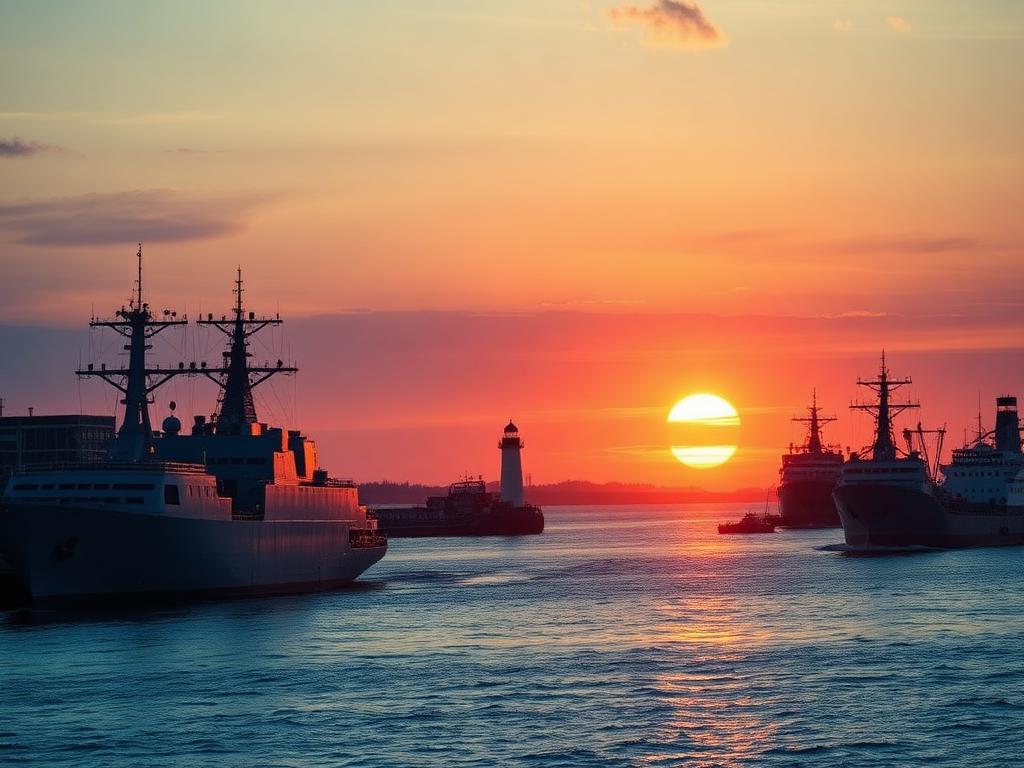 Boston Harbor at golden hour with working vessels