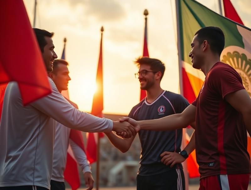 Athletes from different countries shaking hands